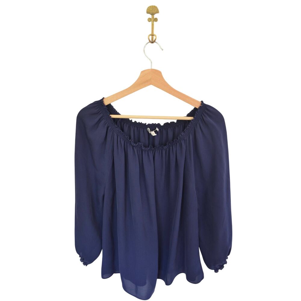 Sheer Silk Peasant Top Navy Size Small